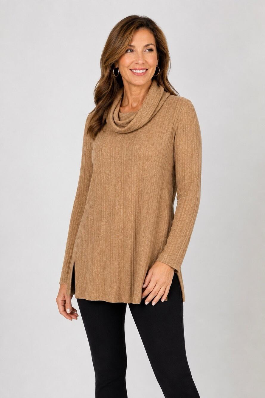 Susan Graver Cashmoozie Cable Knit Cowl Neck Tunic Sweater Medium Camel Beige